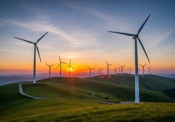 Wind turbine landscape on green hills with orange sky, a symbol of an eco-friendly future