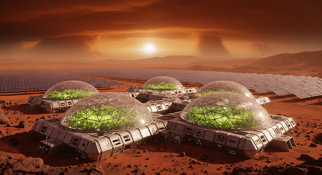 Photo of futuristic martian colony with biodomes for agriculture under a red sky