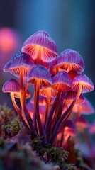 Fototapeta premium Glowing magenta mushrooms cluster in forest
