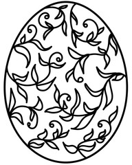 Outline Easter egg with swirls and leaves, coloring page for holiday creativity or design