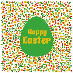 Happy Easter postcard, square banner with eggs, inscription and a pattern of small doodle flowers and leaves