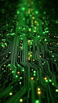 Intricate green circuit board, glowing points