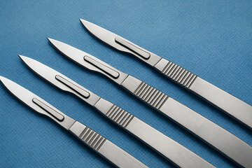 Surgical scalpels aligned on a blue sterile surface, symbolizing precision in medical practice.