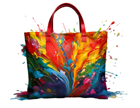 Colorful Tote Bag with Paint Splatter Design 3D isolated on transparent or white background - Powered by Adobe