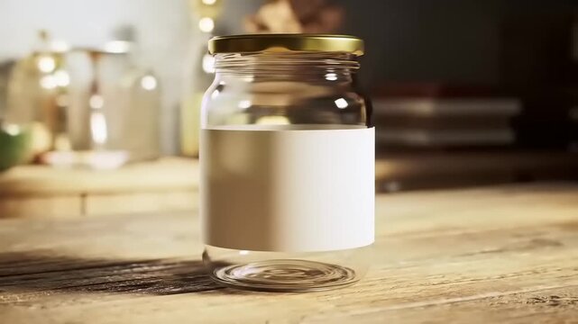 Clear glass jar with golden lid and white label on wooden table