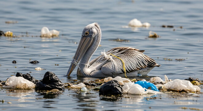 Pelican. A bird covered in oil on a polluted beach with an oil slick. Environmental disaster due to oil spill and ocean contamination footage. - Powered by Adobe