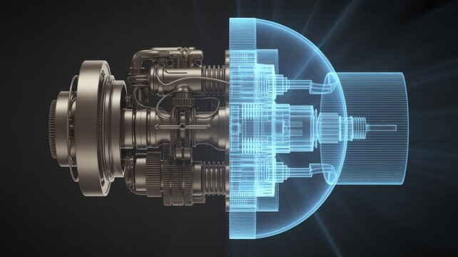 Ai generated image of 3d render of a complex mechanical engine part, half in metallic detail and half in glowing blue wireframe schematic, against a dark background