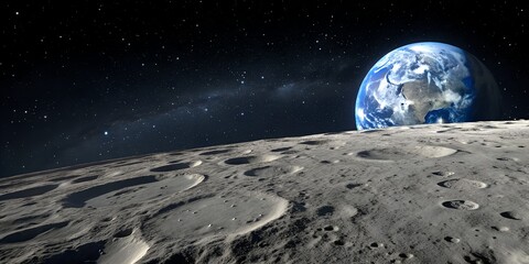Panoramic View of the Moon's Surface with Earth