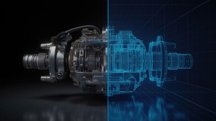 Ai generated image of a futuristic engine, half is a detailed metallic 3d model and the other half is a glowing blue digital wireframe