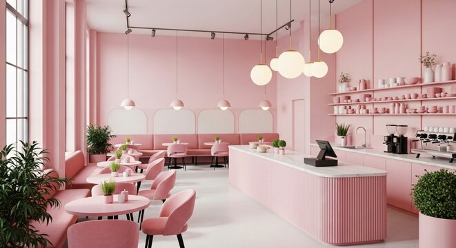 Stylish pink cafe interior design exudes modern and trendy vibe