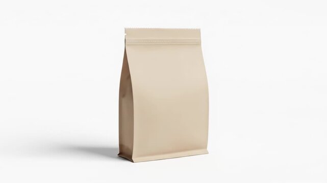 A beige, sealed packaging pouch stands against a clean white backdrop, casting a soft shadow. The pouch has a ribbed seal at the top