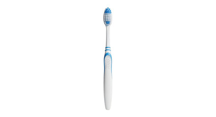 A white and blue electric toothbrush standing vertically against a black background with its bristles facing upwards