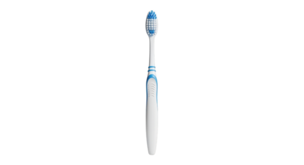 A white and blue electric toothbrush standing vertically against a black background with its bristles facing upwards