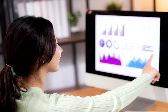 Young asian businesswoman planning and strategy about finance looking graph and chart of report marketing in home office, business woman analyzing financial and revenue for success, business concept.