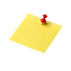 A bright yellow square sticky note fastened with a red push pin on a transparent background isolated on transparent background