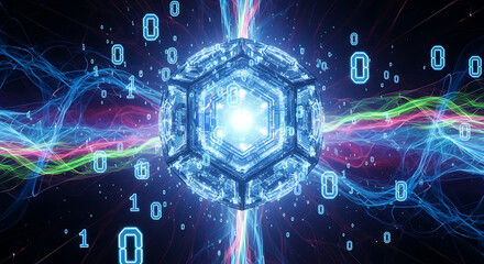 Photo of abstract digital technology concept with glowing cube, binary code, and energy waves