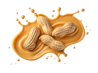 Whole peanuts in a creamy peanut butter splash with droplets isolated on transparent background