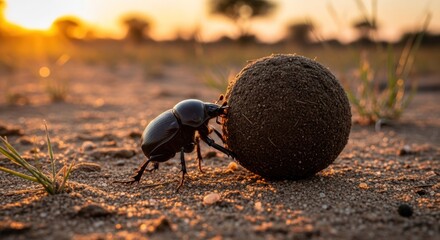 Dark beetle rolls dung ball at sunset
