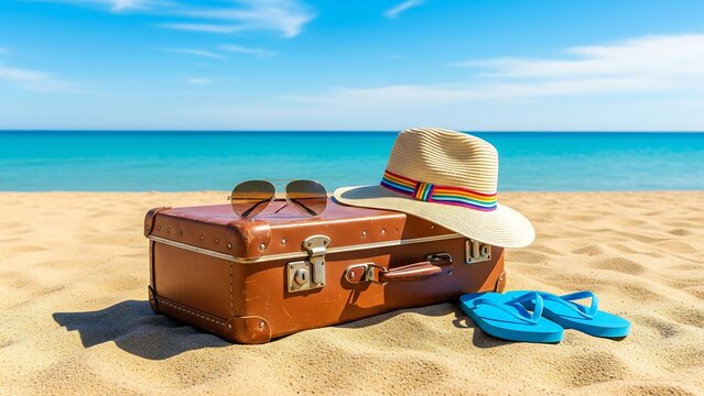 Luggage with straw hat, sunglasses, and flip-flops sits on sandy beach against turquoise sea, symbolizing summer holiday lifestyle, vacation vibes, and tropical tourism.