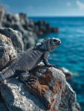 Lizard basking on rock by the ocean