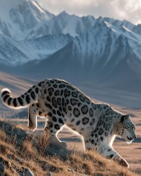 Snow leopard resting on rocky terrain.