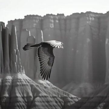 Majestic bird soaring over rugged landscape.