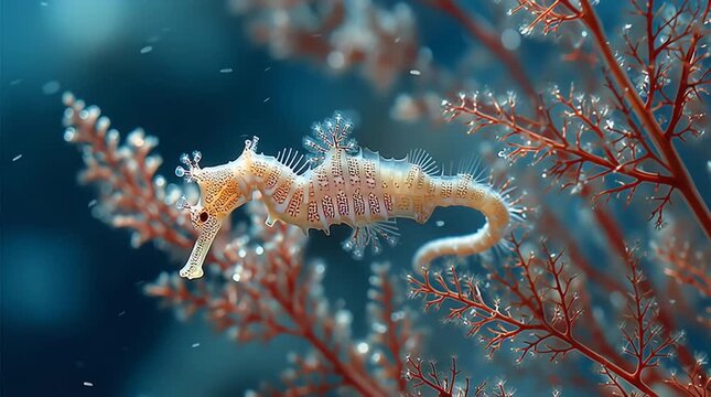 A seahorse amidst vibrant underwater flora.