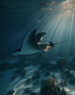 Majestic stingray gliding through underwater rays.
