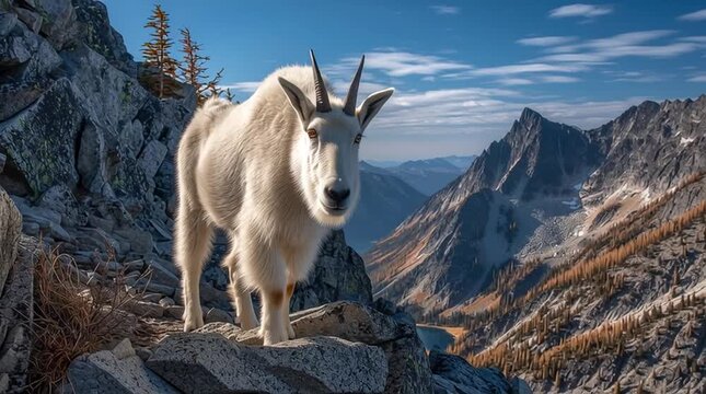 Mountain goat on rocky terrain with scenic backdrop.