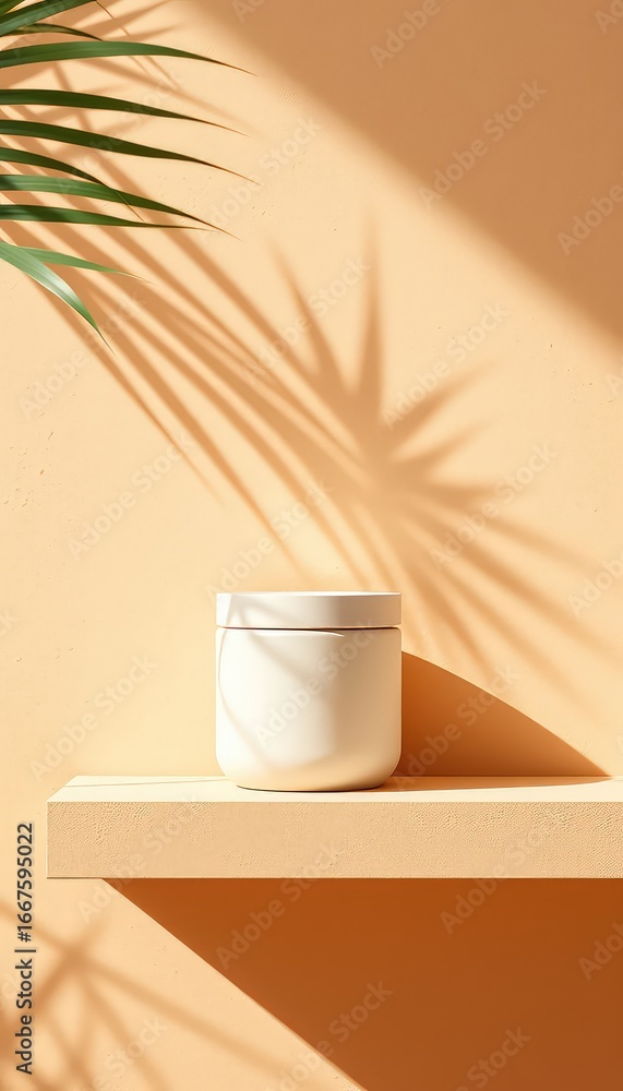 Poster minimalist presentation of round container on shelf with palm shadow, perfect for branding or showca