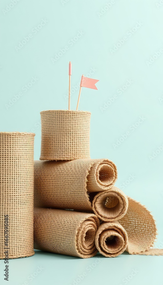 Poster textured burlap rolls with decorative craft sticks on a simple light background for scrapbooking con