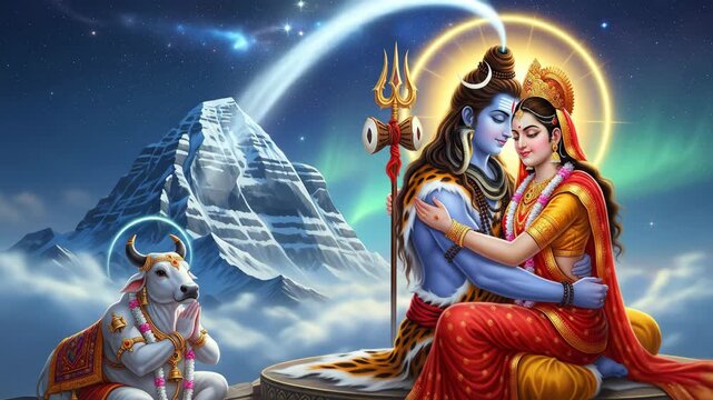 Divine Union Lord Shiva and Parvati Embrace in Hartalika Teej Celebration Pradosh Vrat Sharad Navratri Hindi Culture