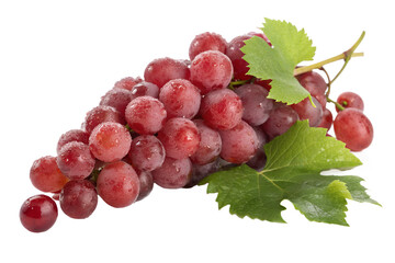 Fototapeta premium Freshly harvested cluster of succulent red grapes with green vine leaves, covered in glistening dew drops and isolated on a pristine white studio background