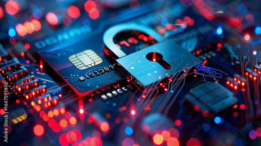 Poster a computer chip with a key on it. the key is red and the chip is blue. concept of security and prote
