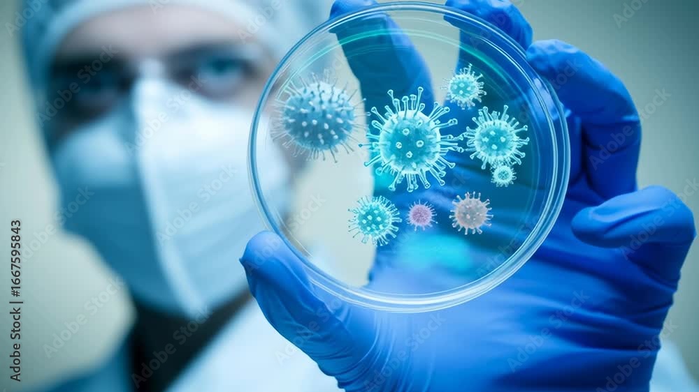 Poster a scientist is holding a petri dish with a virus in it. concept of caution and the importance of stu