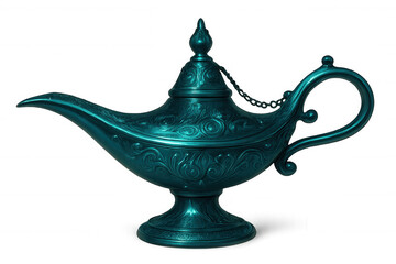 Teal metallic genie lamp with ornate carvings and chain, isolated on a transparent background with clipping path included