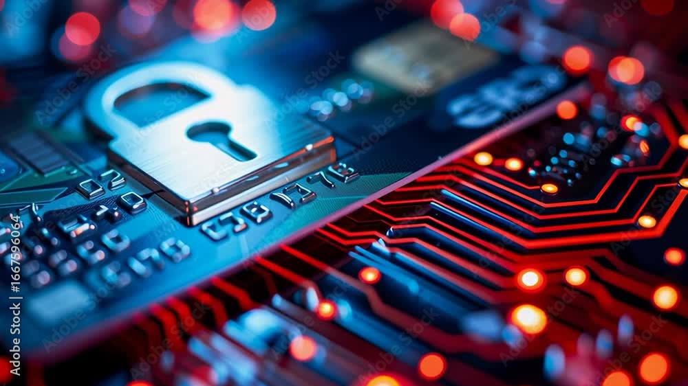 Poster a card with a lock on it is shown on a circuit board. the lock is a symbol of security and protectio