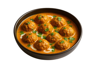 Fototapeta premium Delicious orange curry with round meatballs garnished with cilantro in a dark bowl