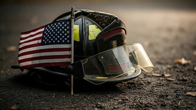 Close-up of a firefighter helmet with American flag patch and protective visor resting on asphalt, symbolizing heroism, safety, and emergency response in American fire rescue services for safety