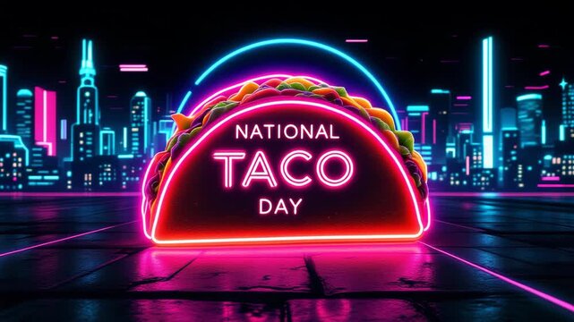 Neon taco celebration in futuristic city for national day