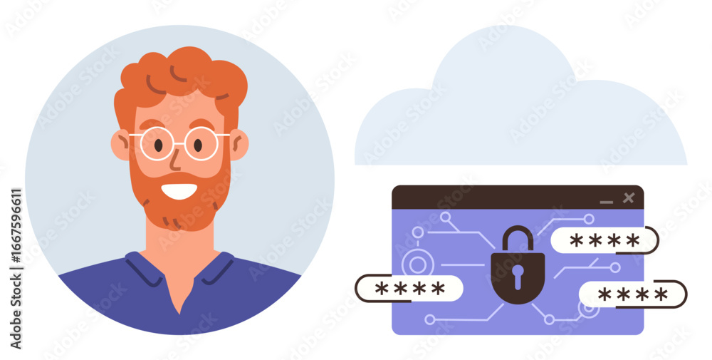 Poster smiling user next to a browser window with lock icon, encrypted passwords, and cloud backdrop. ideal