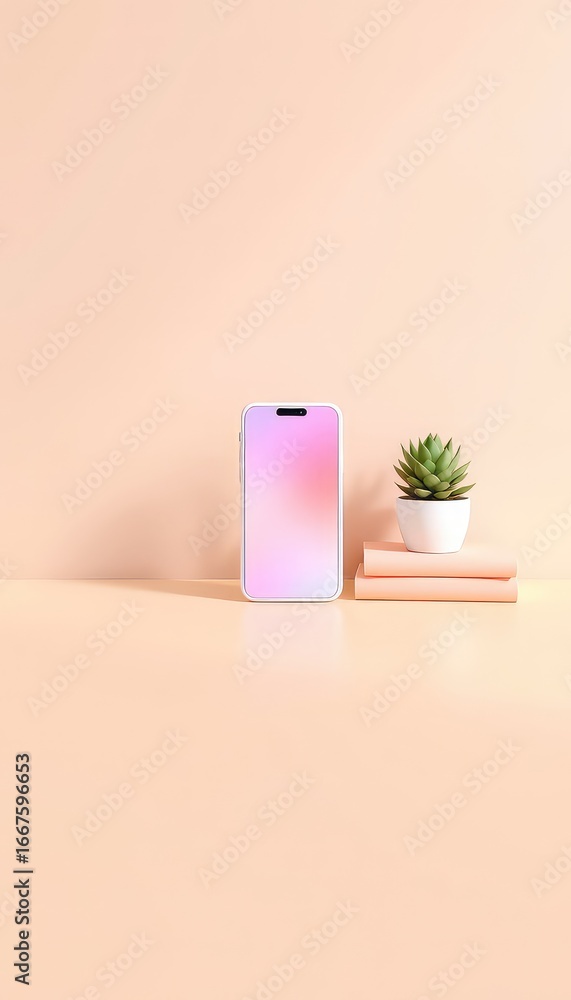 Poster clean modern setup featuring a smart phone device next to a plant and two books with a pastel colore