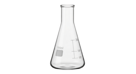 A transparent glass laboratory flask with a flat bottom and a narrow neck perfect for chemical experiments and scientific research