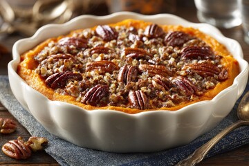 Creamy sweet potato casserole topped with pecans