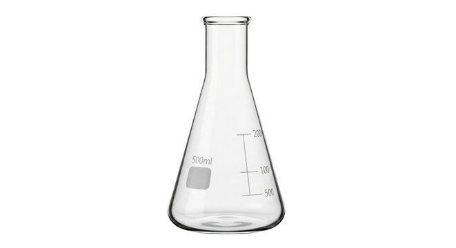 A transparent glass laboratory flask with a flat bottom and a narrow neck perfect for chemical experiments and scientific research