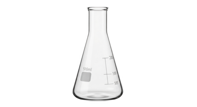 A transparent glass laboratory flask with a flat bottom and a narrow neck perfect for chemical experiments and scientific research