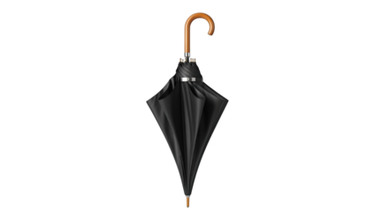 Classic black folded umbrella with a curved wooden handle is a stylish accessory for rainy days