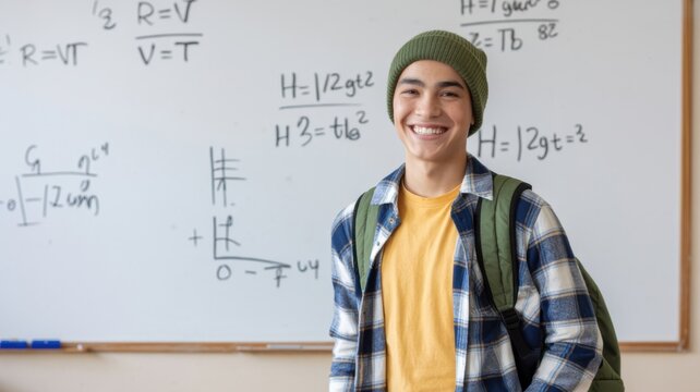 Ai generated image of a smiling student with a backpack stands in front of a whiteboard covered in mathematical equations