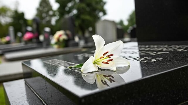 Close-up of a person's hand gently placing a white lily flower on a polished grave headstone in a peaceful cemetery setting during daytime, symbolizing remembrance, condolence, and honoring loved