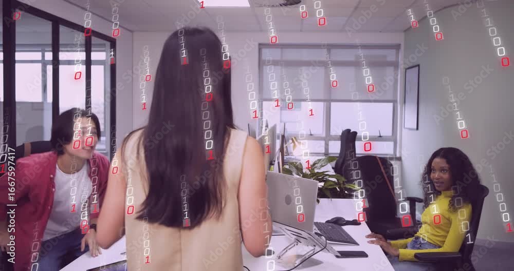 Poster female colleague entering workspace and guiding coworkers through digital stretch with binary code